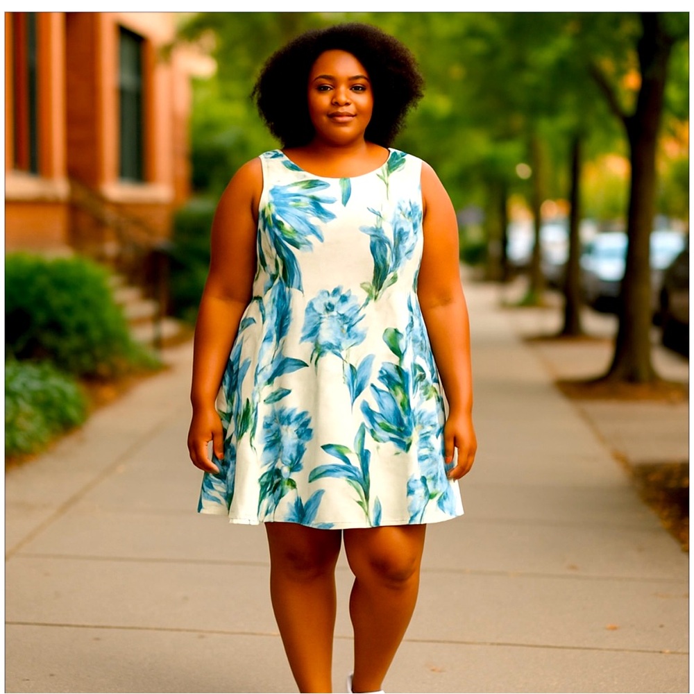 Floral Blue and White Sleeveless Dress